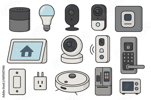 Smart home devices icon set. Collection of home automation gadgets. Internet of Things, security camera, smart lock, speaker, robot vacuum. Vector cartoon illustration.