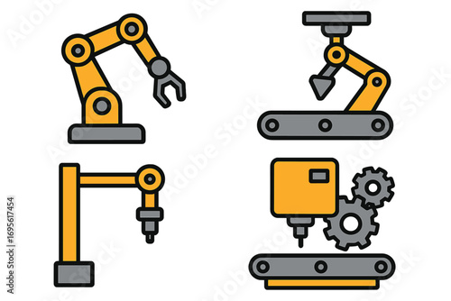 Robotic arm icon set for automation and industry. Vector illustration of manufacturing machinery, conveyor belts, and factory assembly line technology for mass production.