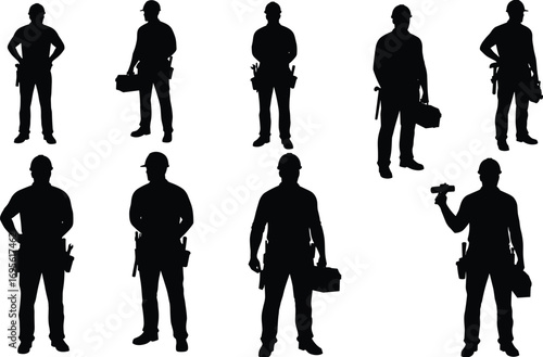 Construction worker silhouettes, industrial builder outline, handyman icon, engineer vector, tradesman illustration, professional labor, repairman symbol, occupation design, workforce concept
