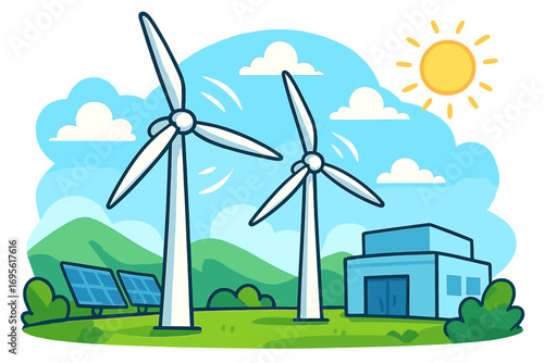 Wind turbines and solar panels generate renewable energy. Clean power facility with windmill farm. Green technology concept for sustainability. Eco-friendly electricity.