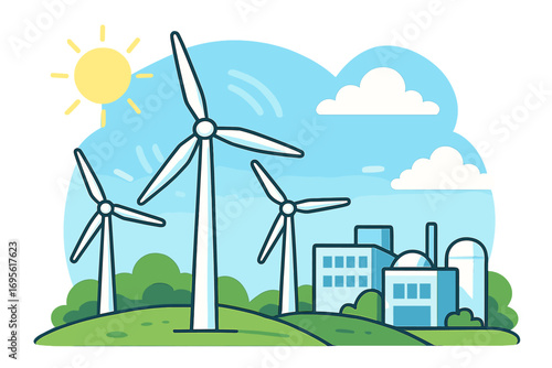 Wind turbines generate renewable energy. Clean power plant facility. Sustainable electricity production concept. Green alternative eco friendly industry. Sunny landscape vector.