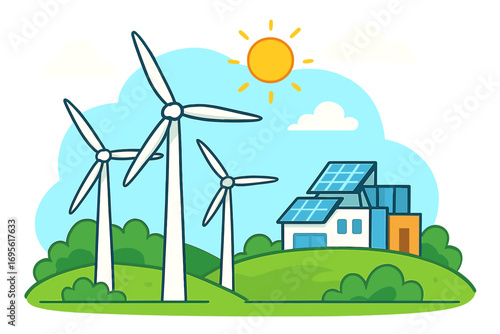 Wind turbines and solar panels generating renewable energy. Clean green power concept. Eco friendly sustainable electricity production in a sunny landscape. Vector illustration.