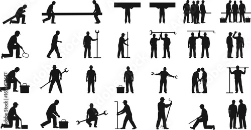 Construction worker silhouettes with tools, teamwork, building labor, industrial work, black vector illustration, repair maintenance, engineering, heavy equipment, hard labor