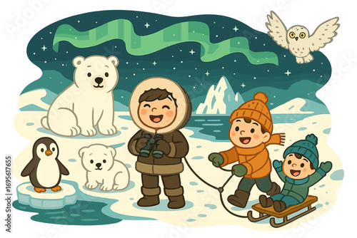 Happy kids on winter adventure in Arctic with wildlife. Children playing in snow, polar bears, penguin. Northern lights, aurora borealis night sky. Cute vector cartoon set.