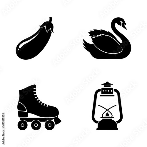 Illustration showing an eggplant, a swan, a roller skate, and a lantern in a black and white style