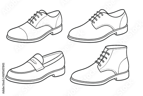 Men's classic dress shoes vector outline icon set. Collection of elegant male footwear: oxford, derby, loafer and boot. Line art fashion illustration for business or style.