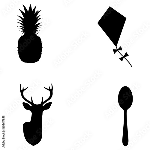 Silhouette of a pineapple, kite, deer head, and spoon arranged in a square pattern on white background