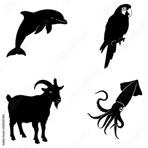 Illustration with a dolphin, a parrot, a goat, and a squid in black silhouette on a white background