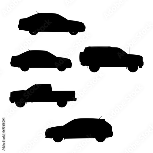 Silhouette depiction of various car types including sedan suv and pickup truck arranged on a white background