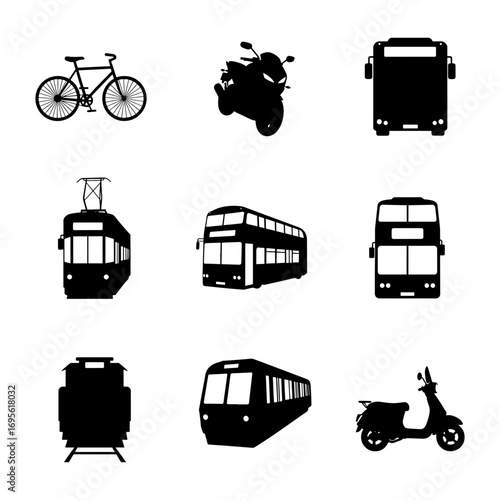 Illustration showing various forms of transportation including bicycle motorcycle bus tram train and scooter