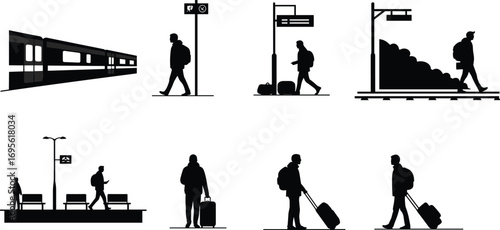 Silhouettes of travelers walking with luggage at train station, public transport, commuting people, travel concept, waiting platform, urban transit scene