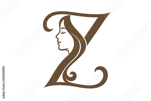 Elegant beauty salon logo design with stylized face profile and flowing hair integrated into artistic letter Z, modern vector illustration, cosmetic, hair care branding, fashion industry emblem