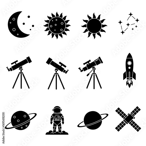 Illustration of celestial objects, astronaut, telescopes and rocket in black and white space exploration theme
