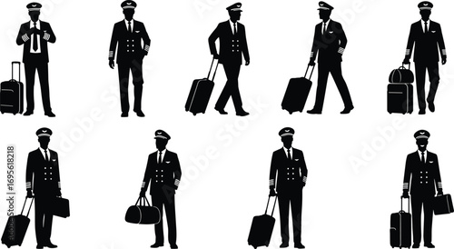 Silhouettes of professional airline pilots walking with luggage, uniformed flight crew, aviation travel, pilot team, airport journey concept