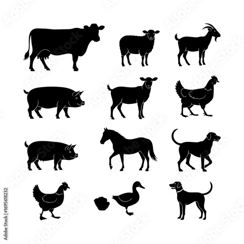 Silhouette collection of farm animals including cow sheep goat pig horse chicken duck and dog icons set 100