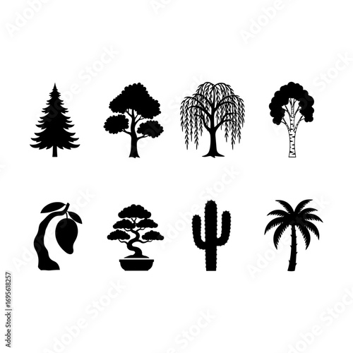 Illustration of various tree silhouettes including pine, willow, palm, and bonsai tree icons set on white