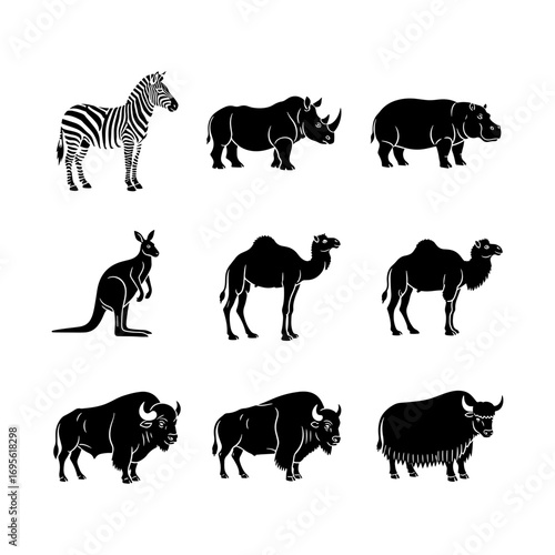 Illustration showing a zebra, rhino, hippo, kangaroo, camels, bison, and yak in black and white style