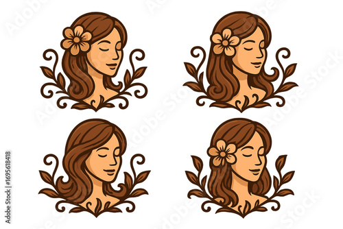 Elegant serene woman with flower in hair and decorative flourishes, beauty logo design set, vector cartoon illustration, peaceful feminine portrait with nature elements, brown hair, floral decoration