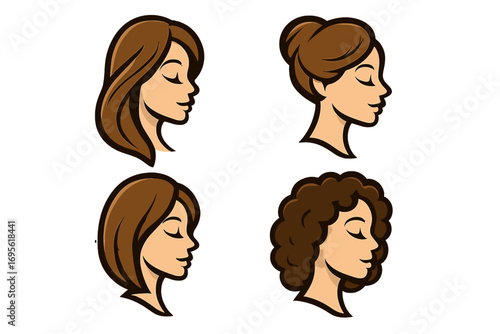 Elegant women hairstyles collection, beauty female hair styles vector logo design, cartoon portraits with diverse haircuts including long, bun, bob, and curly hair, fashion and beauty icons set