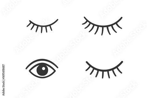 Minimalist eye icon set with open and closed eyes, simple eyelash design, cartoon style vector illustration, black and white transparent background, versatile logo idea