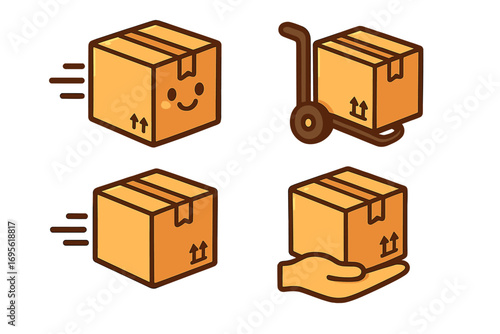 Delivery package box logo set. Vector cartoon illustration with cute smiling box, hand truck, fast shipping, care, handling, and support icons. Transparent background.