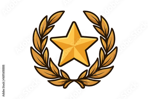 Golden star emblem with laurel wreath, award and achievement symbol, victory badge with elegant leaves circle, honor and success design, luxury vector illustration