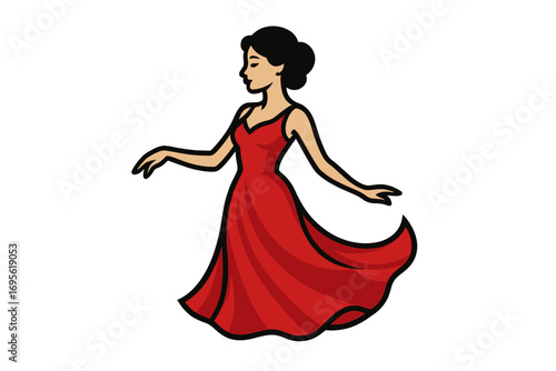 Elegant woman in flowing red dress dancing silhouette, graceful female figure vector cartoon illustration for logo design, fashion concept with transparent background