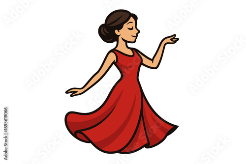Elegant woman in flowing red dress dancing gracefully, vector cartoon illustration, stylish feminine pose, elegant fashion design, transparent background