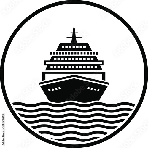 Cruise ship silhouette, nautical travel, ocean liner vector, maritime transport, sea waves logo, marine journey, vacation, holiday, black icon