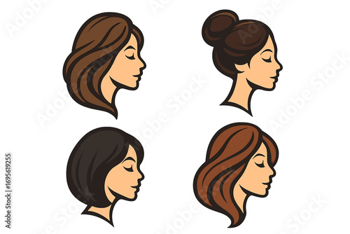 Hand logo with oil drip vector illustration, cartoon style transparent background, set of four female profile silhouettes with different hairstyles, beauty and hair care concept
