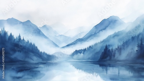 Wallpaper Mural Misty Blue Mountain Lake: A Serene Watercolor Landscape Torontodigital.ca