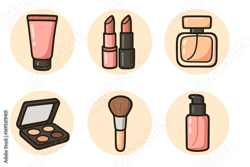 Set of social media cosmetics highlight vector cartoon illustration with transparent background, ordered makeup collection, lipsticks, perfume, eyeshadow palette, brush, and lotion