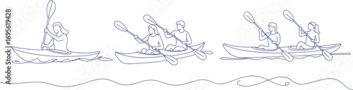 Continuous line drawing of people kayaking, outdoor adventure, paddling teamwork, water sport activity, minimalist design, canoe travel illustration