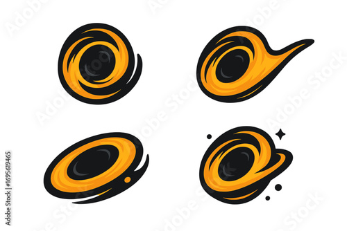 Abstract cosmic black hole logo set with dynamic orange swirls, galaxy space vector illustration, swirling vortex symbols, modern astronomy and celestial concept design