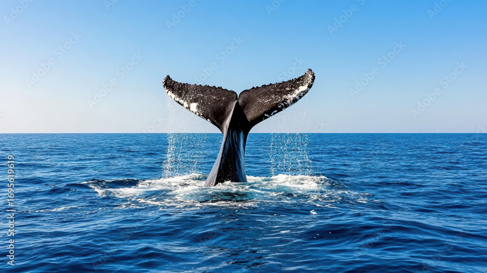Fototapeta premium Whale tail splashing in ocean water, showcasing nature beauty and grace