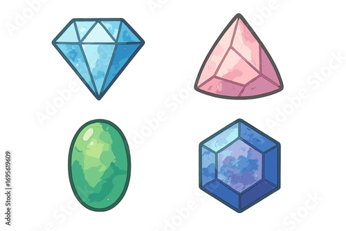 Colorful gemstone collection watercolor style with diamond, ruby, emerald and sapphire shapes. Vector illustration of precious jewels with transparent background. Bright, elegant crystal set