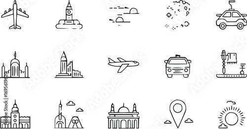Global Travel Line Icon Set Minimalist Landmarks, Transportation, and Activity Vector Collection