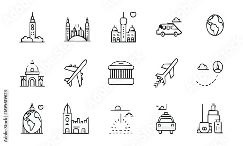 Global Travel Line Icon Set Minimalist Landmarks, Transportation, and Activity Vector Collection