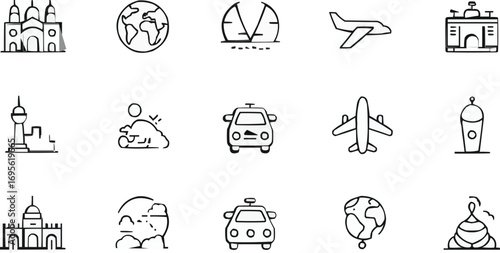 Global Travel Line Icon Set Minimalist Landmarks, Transportation, and Activity Vector Collection