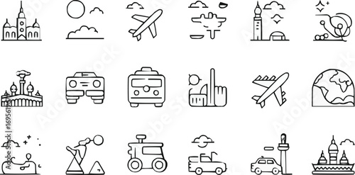 Global Travel Line Icon Set Minimalist Landmarks, Transportation, and Activity Vector Collection