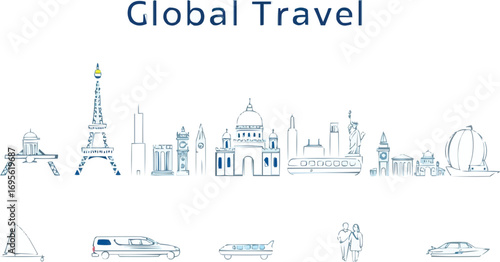 Global Travel Line Icon Set Minimalist Landmarks, Transportation, and Activity Vector Collection