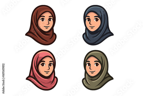 Muslim woman hijab fashion logo design. Vector cartoon illustration set with colorful headscarves, feminine face, traditional Islamic clothing, modest style, cultural symbol.