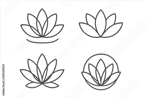 Minimalist lotus flower line art logo design set, elegant vector illustration, simple floral symbol collection with transparent background, nature-inspired branding elements