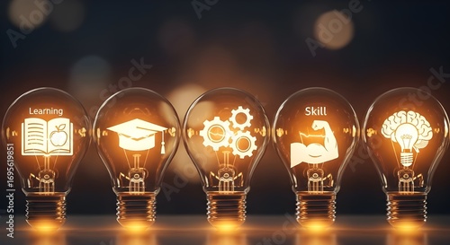 Illuminated light bulbs displaying learning, graduation, gears, skill, and brainpower icons