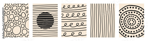 Abstract set vertical creative backgrounds with dynamic linear waves. Black and beige colors. Trendy vector illustration in style retro 70s, 80s
