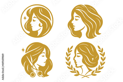 Luxury golden beauty logo set with elegant female face silhouettes, hair salon icons, floral wreath design, spa and wellness vector illustrations for branding and cosmetics