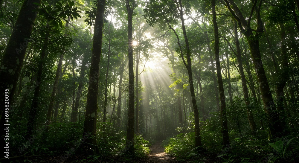 Obraz premium Dense rainforest with sunlight rays