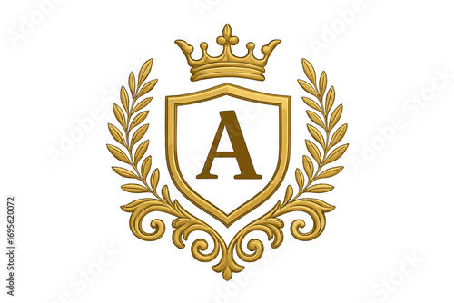 Luxury gold heraldry logo with monogram letter A, elegant royal shield emblem, ornate golden crown and laurel wreath, vintage coat of arms vector design, premium decorative insignia