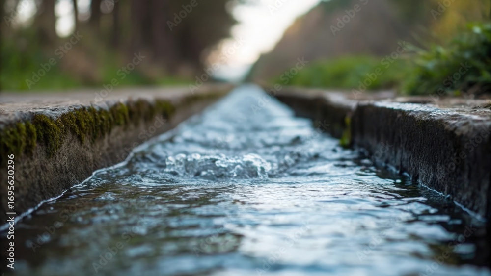 Fototapeta premium Close-up of crystal-clear water flowing through a channel — highlighting movement and freshness