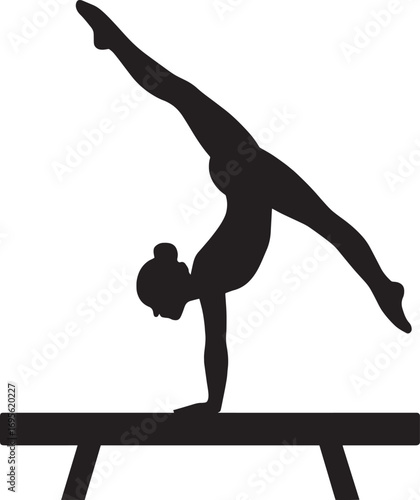 "Vector silhouette of a gymnast performing handstand on balance beam, bold clean flat design with sharp edges on white background"
